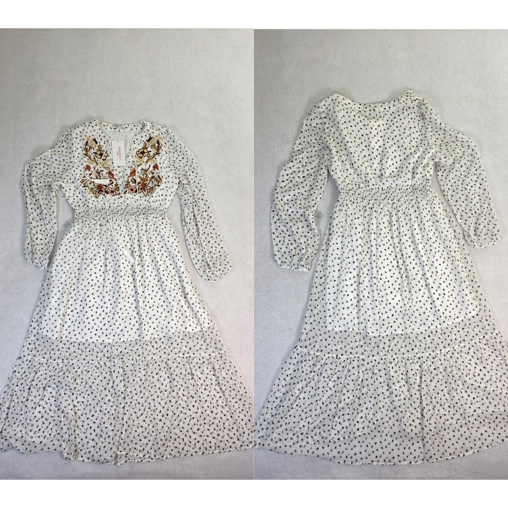 Miss Kelly 1999 Women L Maxi‎ Dress White New Boho Embroidered Polka Dot SD4113